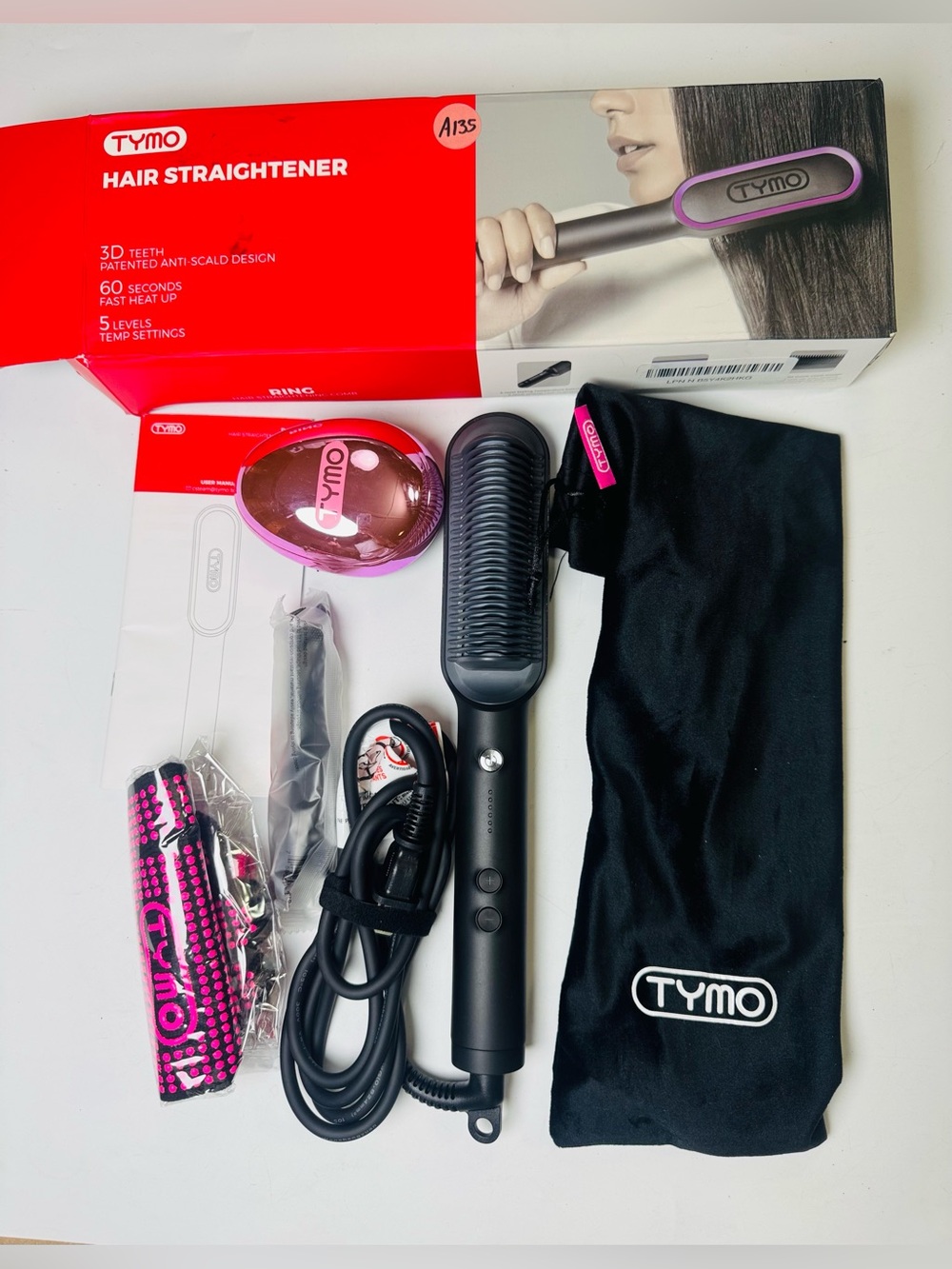 TYMO Ring Hair Straightener Brush Comb 5 Temp Settings 60 Sec Heat Up w/ Accesso